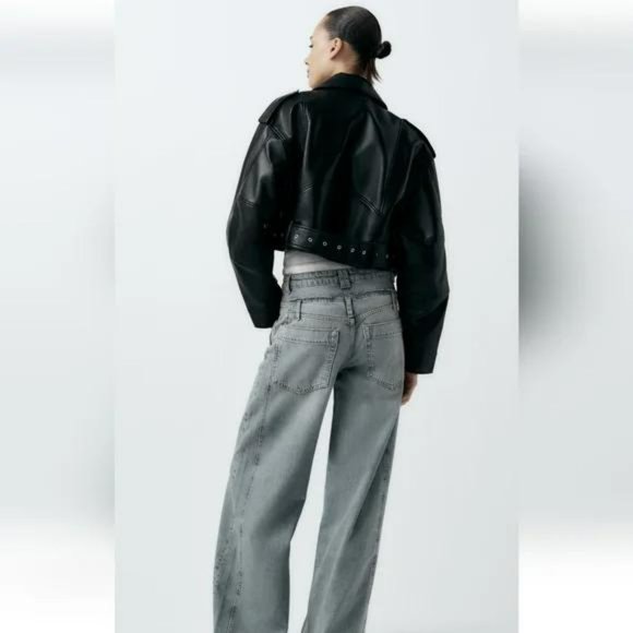 ZARA FAUX LEATHER CROP BIKER JACKET - Picture 4 of 10